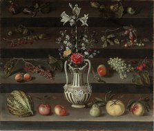 Lilies and other flowers in a majolica vase, with peaches, grapes, cherries..., 2nd half of 17th cen Creator: Josefa de Óbidos (Josefa de Ayala) (1630-1684).
