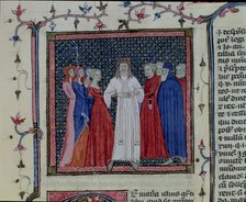 Clergyman marrying a couple, Miniature 'Libri III-IV. Distinctionum', codex, 1348, by Henricus vo…