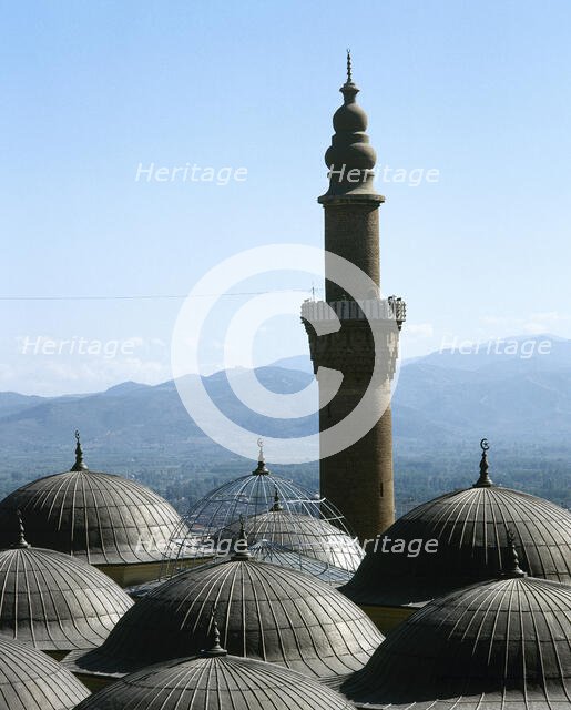 Minaret and domes, Great Mosque of Bursa (Ulu Camii), Bursa, Turkey, 1999. Creator: LTL.