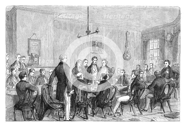 A meeting of the Anti-Corn Law League in Newall's Building, Manchester, 1838 (c1895). Artist: Unknown