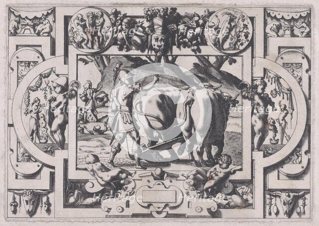 Jason Sows the Dragon's Teeth (Jason les dompte et sous le joug enserre et labourer leur f..., 1563. Creator: Rene Boyvin.