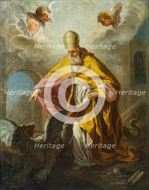 Pope Sylvester I slaying a dragon, 18th century.