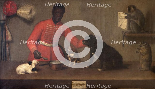 Page with three dogs, a marmot and a monkey, end of 17th - Early 18th century. Creator: Unknown artist.