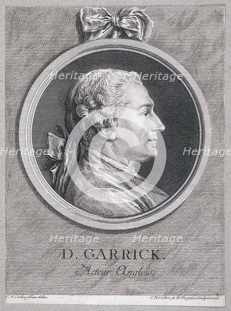 Oval portrait of the actor David Garrick wearing a short wig, with surround, c1780. Artist: Charles Nicolas Cochin
