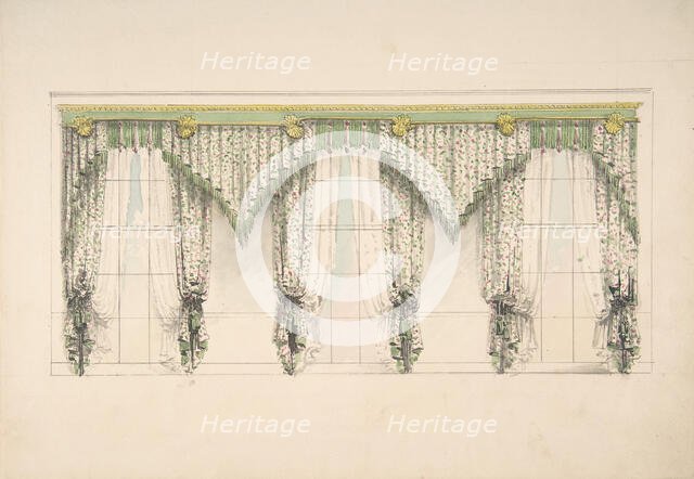 Design for Curtains with Pink, Green and White Floral Fabric and Pink and Green..., ca. 1820. Creator: Anon.