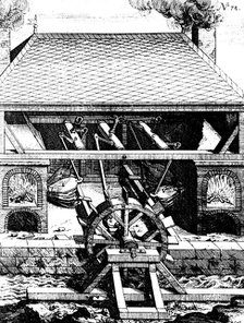Forge with bellows driven by an undershot water wheel through cranks, 1673. Artist: Unknown