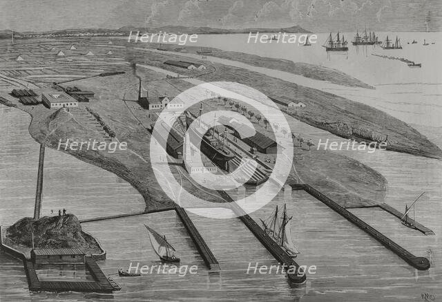Panoramic view of the Carenas Dike of Messrs. A. López y Cía. at Matagorda Beach, Cadiz, Spain,1878. Creators: Rafael Monleon, Bernardo Rico.