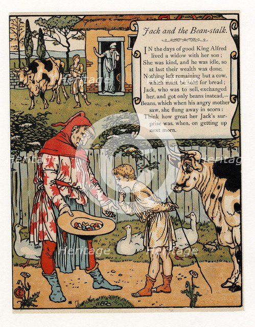 Jack sells his cow for beans, from The Blue Beard Picture Book, pub. 1879 (colour lithograph), 1879. Creator: Walter Crane (1845 - 1915).