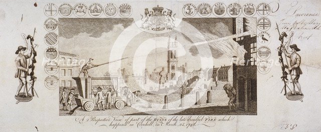 View of fire engines extinguishing a fire in Cornhill, City of London, 25 March 1748. Artist: Anon