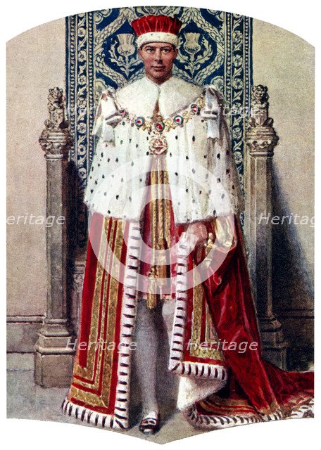 George VI in coronation robes: the Crimson Robe of State, with the Cap of Maintenance, 1937.Artist: Fortunino Matania