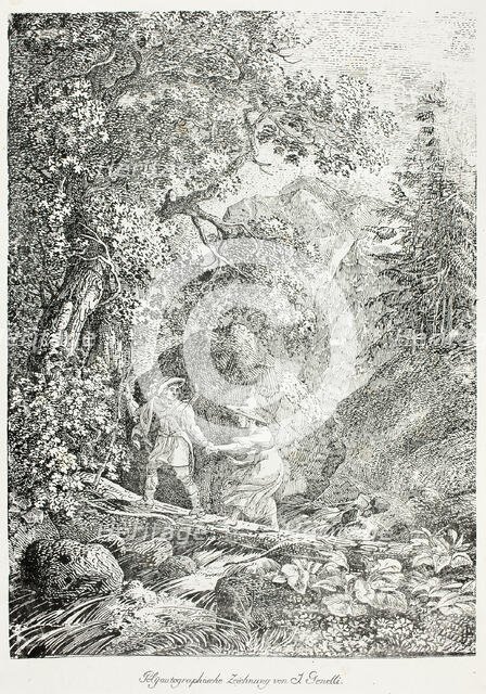 Hiker Crossing Over a Mountain Stream on a Tree Trunk with a Woman, 1804. Creator: Janus Genelli.