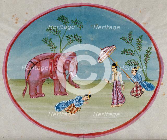Burma: a lady attended by a servant bringing an elephant and another..., between 1800 and 1899. Creator: Unknown.