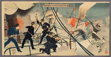 Kabayama, the Chief of Naval Staff, Attacking Enemy Ships from onboard Saikyomaru..., 1894. Creator: Adachi Ginko.