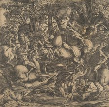 Group of naked men engaged in battle in a wooded landscape, some on horseback; a dog at lo..., 1517. Creator: Domenico Campagnola.