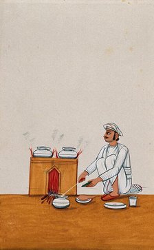 A servant serves food from a degchi (pot), while two other dishes are..., (between 1800 and 1899?). Creator: Unknown.