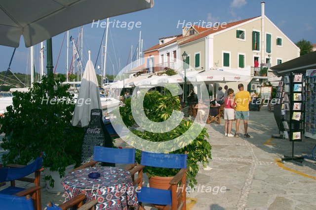 Restaurant on the waterfront in Fiskardo harbour, Kefalonia, Greece.