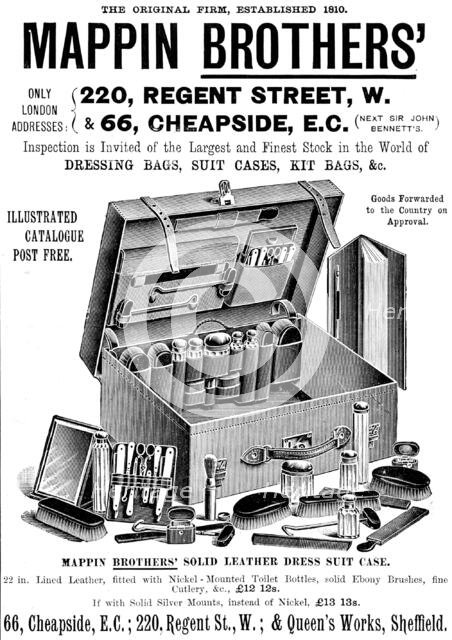 Advertisement for Mappin Brothers' Dressing Bags, Suit Cases, Kit Bags, &c., 1895. Creator: Unknown.