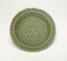 Foliate Dish with Crane and Deer Amid Clouds, Yuan dynasty (1279-1368), late 13th century. Creator: Unknown.