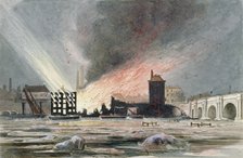 Destruction of Sir C Price's oil warehouse and wharf, William Street, Blackfriars, London, 1845. Artist: Anon
