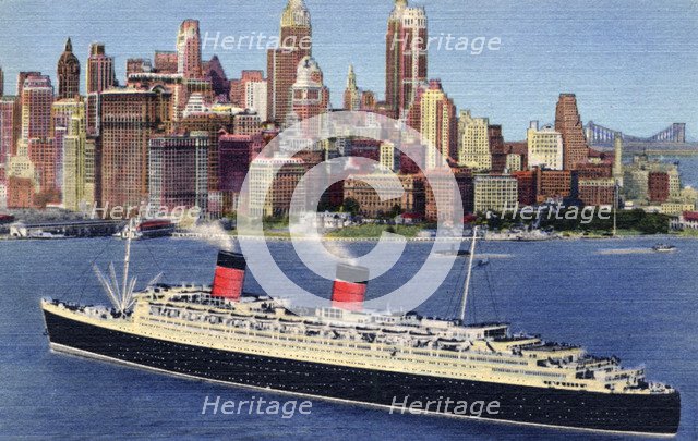 The liner 'Queen Elizabeth' arrives in New York harbour, USA, 1951. Artist: Unknown