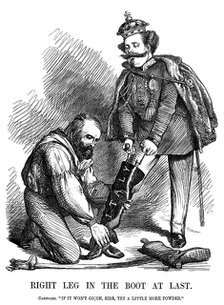 Giuseppe Garibaldi helping Victor Emmanuel II put on the boot of Italy, 1860. Artist: Unknown