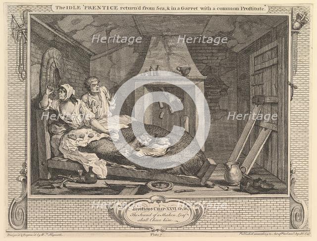 The Idle 'Prentice Returned from Sea and in a Garret with a Common Prostitut..., September 30, 1747. Creator: William Hogarth.