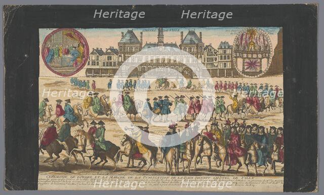 View of the Town Hall in Paris with a procession proclaiming peace, 1700-1799. Creator: Anon.