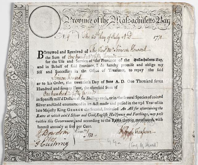 Loan Certificate. Creator: Nathaniel Hurd (American, 1730-1778).