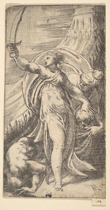 Judith her sword raised in her right hand, placing the head of Holofernes in the sa..., ca. 1542-45. Creator: Andrea Schiavone.