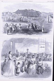 Noon at the Primary school (top) and Primary school for Freedmen..., 1866-06-23. Creator: Unknown.