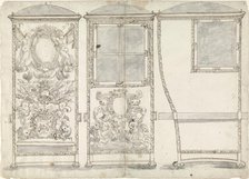 Design for a Sedan Chair, Viewed from the Back, the Front and the Right SIde, c.1650-c.1700. Creator: Anon.