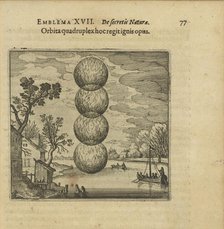 Emblem 17. A fourfold ball of fire governs this work. From "Atalanta fugiens" by Michael Maier, 1618 Creator: Merian, Matthäus, the Elder (1593-1650).