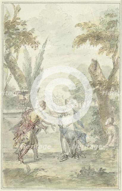 Design for a theatre piece: the blindfolded Amaryllis grabs Mirtillo, 1715-1798. Creator: Dionys van Nijmegen.