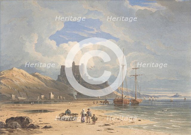 Bamborough Castle from the Northeast, with Holy Island in the Distance, Northumberland, 1827. Creator: John Varley I.