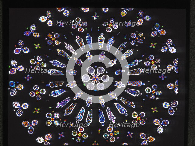Stained glass window with the rose window of the Monastery of San Cugat del Valles.