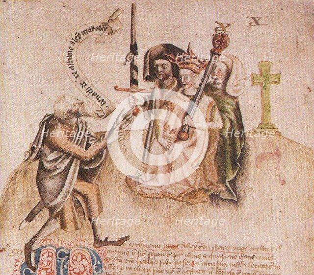 Coronation of King Alexander III on Moot Hill, Scone. From manuscript of the Scotichronicon by Walte Artist: Anonymous  