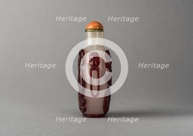 Clear glass snuff bottle with red overlay, China, Qing dynasty, 1644-1911. Creator: Unknown.