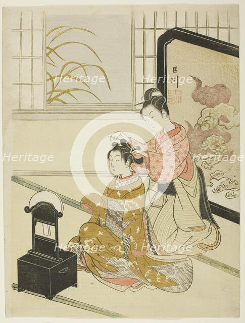 The Autumn Moon in the Mirror (Kyodai no shugetsu), from the series "Eight Views...c. 1766. Creator: Suzuki Harunobu.