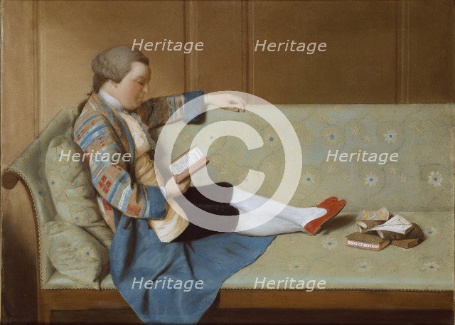 Portrait of a Man reclining on a Sofa, reading, mid 18th century. Creator: Francois Xavier Vispre.