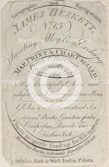 Trade Card for James Heskett, Map, Print, and Chart Seller, 19th century. Creator: Anon.