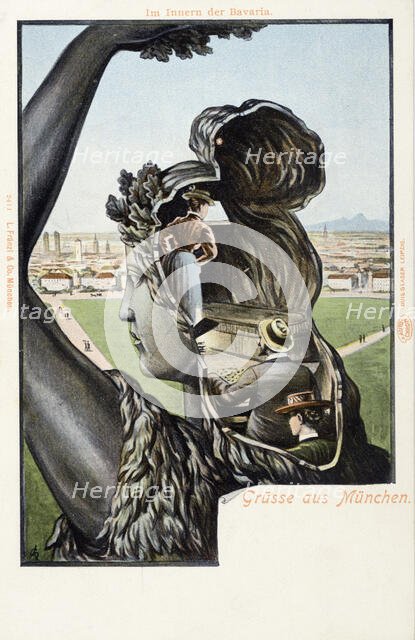 Inside the Bavaria statue. Greetings from Munich. Postcard, c 1900. Creator: Anonymous.