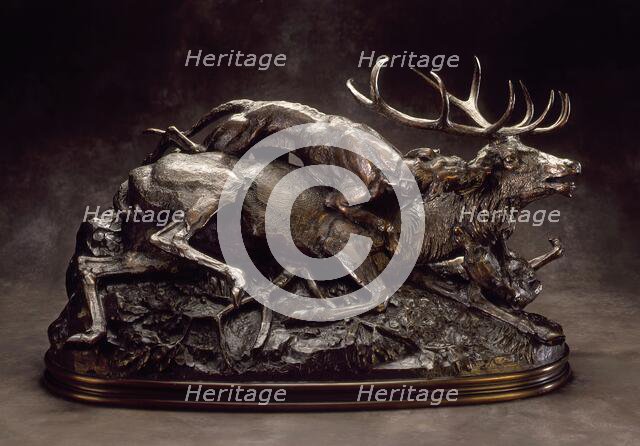 Stag Brought Down by Scottish Hounds, c.1833. Creator: Antoine-Louis Barye.