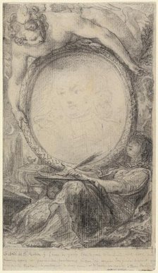Allegorical Frame with a Genius and a Veiled Woman Writing, c. 1769. Creator: Gabriel de Saint-Aubin.