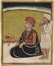 Noble seated on an outdoor parapet worshiping a shrine of Krishna fluting, c. 1800. Creator: Unknown.