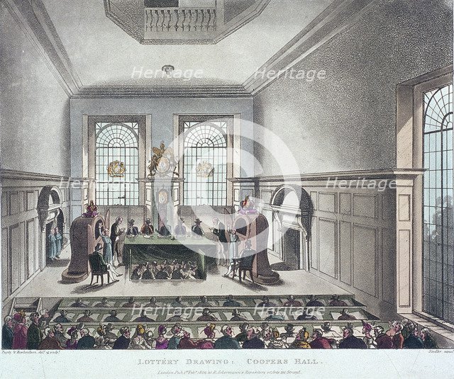 Drawing of the State Lottery, Coopers' Hall, London, 1809. Artist: Joseph Constantine Stadler