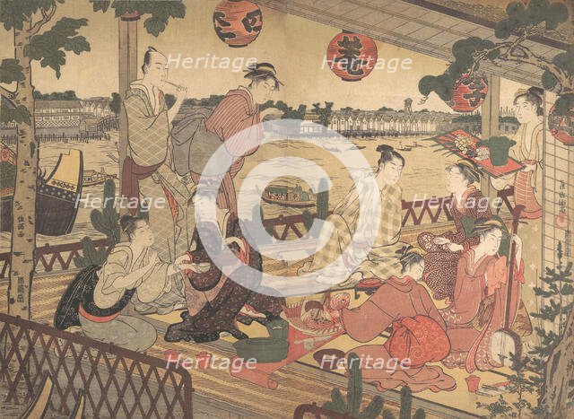 Two Young Men and Several Women Dining at a Tea-house on the Bank of the Sumida River, ca. 1788. Creator: Kubo Shunman.