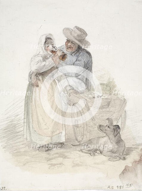 A peasant girl tries to finish a glass of beer..., 1850-1855. Creator: Karl Anders Ekman.