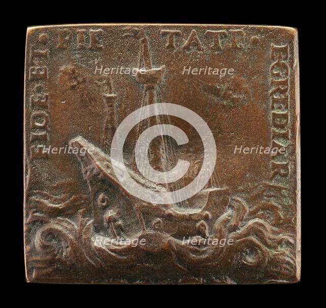 Three-Masted Ship, without Sails, in a Stormy Sea [reverse], 16th century. Creator: Unknown.