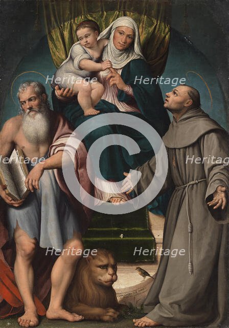 Saint Anna and the infant Christ enthroned between Saints Jerome and Francis, 1541. Creator: Bassano, Jacopo, il vecchio (ca. 1510-1592).
