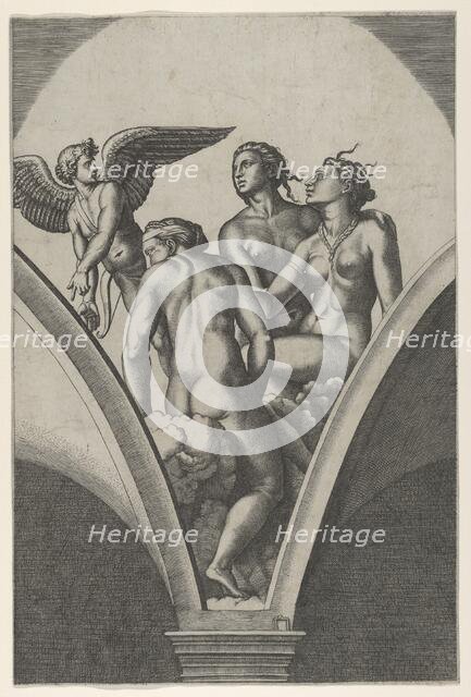 The Three Graces sitting on clouds, cupid at the left, after Raphael's fresco in th..., ca. 1517-20. Creator: Marcantonio Raimondi.